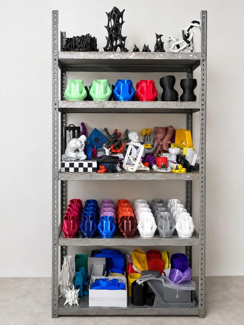 Anaquel con piezas impresas en 3D de muchos colores: bustos, portalatas y figuras