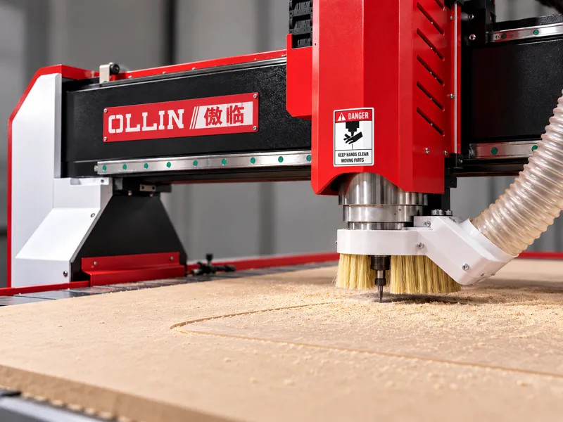 Cabezal del router CNC Ollin KT-1325 cortando MDF — imagen del modelo